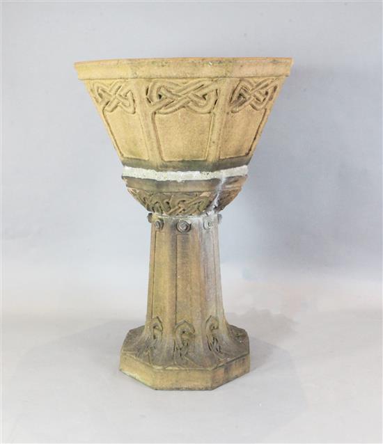 A Liberty & Co. Siegried terracotta jardiniere and stand, designed by Archibald Knox, made by Carter & Co, Poole, c.1905, total heigh